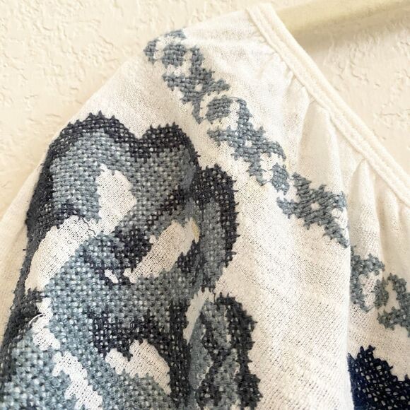 Free People To The Left Blouse Off Shoulder Ruffle Embroidered Ivory Blue Sz XS - Picture 5 of 12